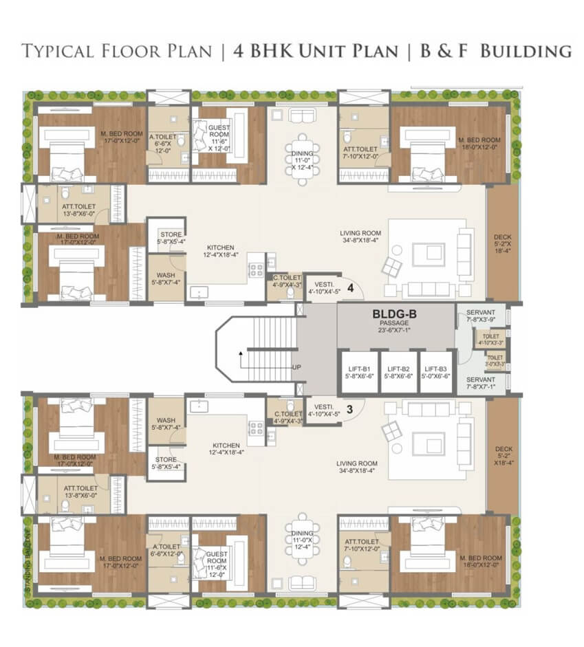 TYPICAL FLOOR PLAN | B & F BUILDING | 4 BHK UNIT PLAN